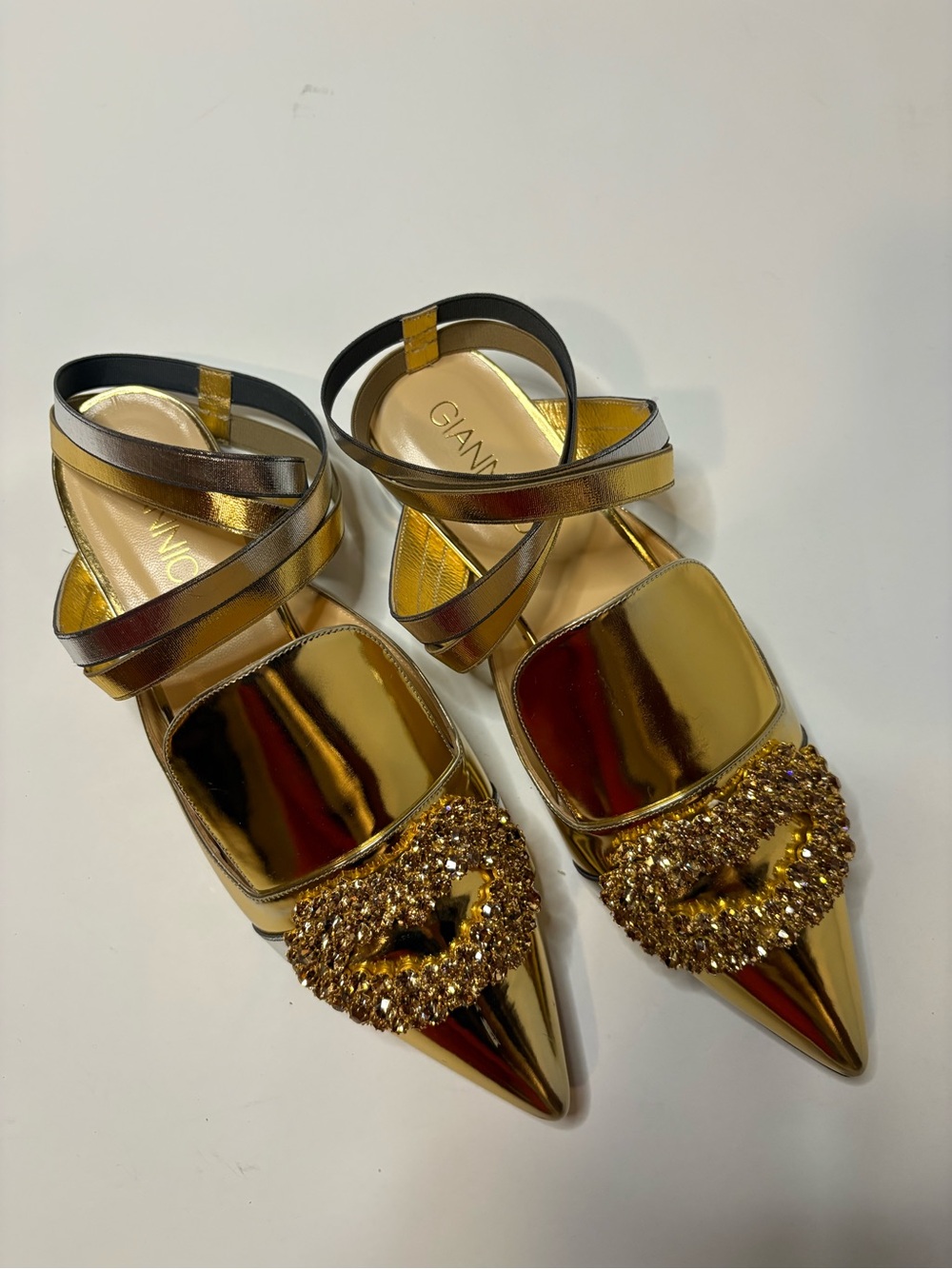 Leather Gold and Silver Metallic Pointed Toe Embellished Flats